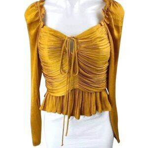 House of Harlow 1960 Marigold Satin Ruched Blouse S Long Sleeve Peplum Top